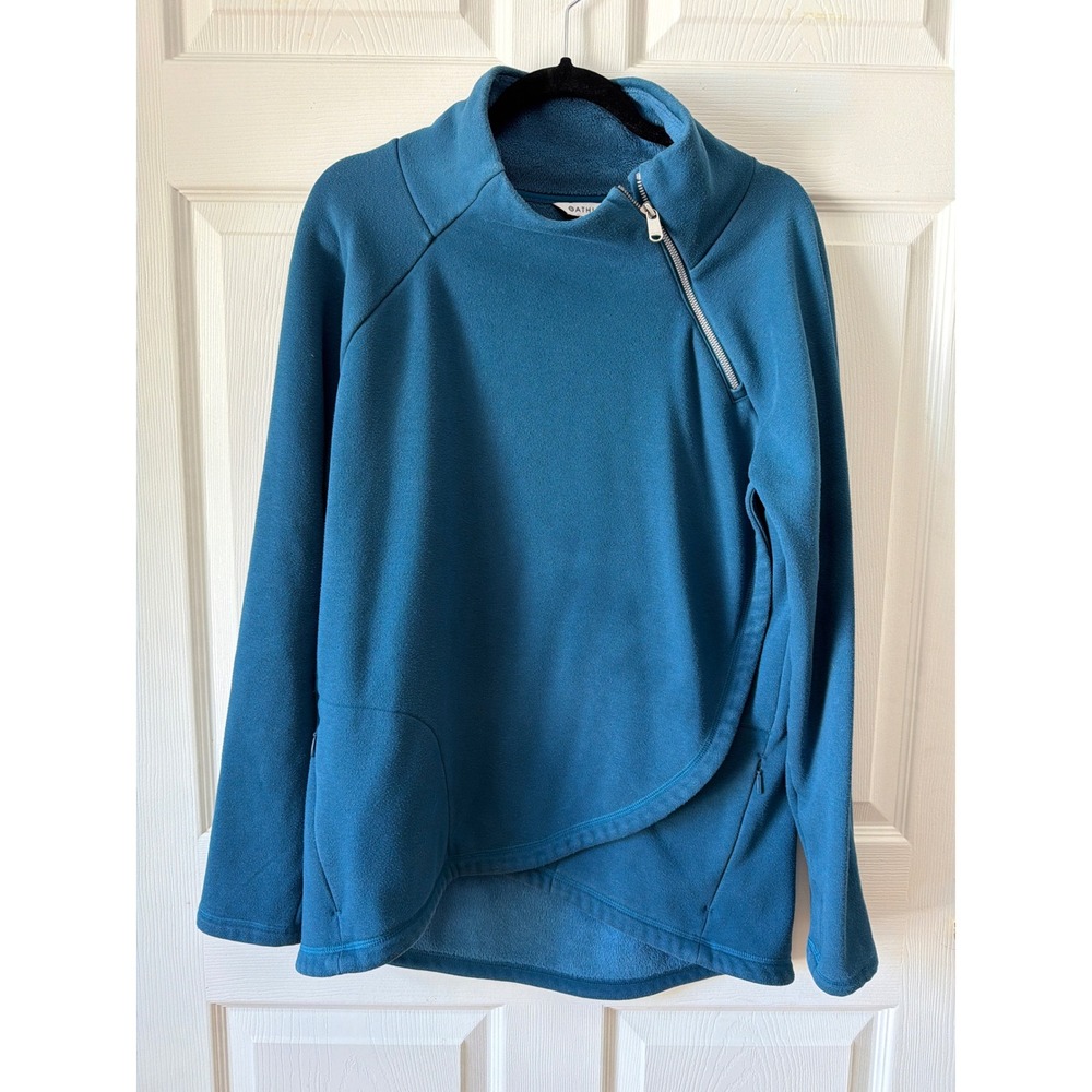 Athleta Cozy Karma Asym Pullover L Blue Fleece Asymmetrical Mock Neck